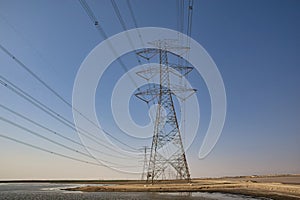 High Power Electric transmission grid lines in the desert.Dammam -Saudi Arabia