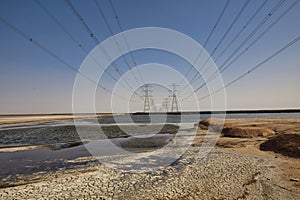 High Power Electric transmission grid lines in the desert.Dammam -Saudi Arabia