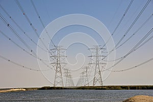 High Power Electric transmission grid lines in the desert.Dammam -Saudi Arabia