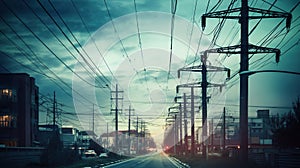 High power electricity poles in urban area connected to smart grid. Energy supply, distribution of energy, generative ai.