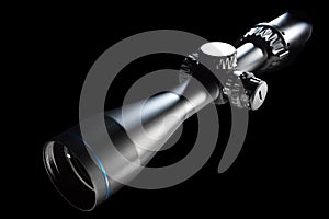 High powered rifle scope on black