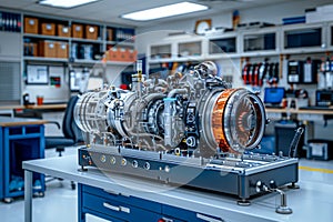 High Precision Jet Engine on Display in Industrial Aerospace Engineering Facility with Tools