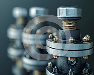 High Precision Metal Engine Parts Close Up with Selective Focus on Industrial Screws and Bolts