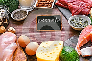 High protein food. Fish, meat, poultry, nuts, eggs and vegetables. healthy eating and diet concept