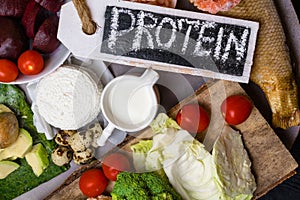 High protein food - fish, meat, sea slug, shrimps, eggs, cabbage, beet, broccoli, spinach, tomatoes, avokado, salmon. Products goo