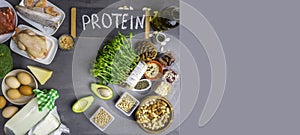 High protein food - meat, fish, poultry, nuts, dairy products, eggs, micro greens, beans, avocado, oil, oat, seeds Products goof