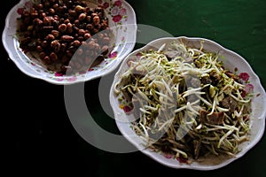 High protein vegetarian meal of roasted peanuts and stir fried mung bean sprouts