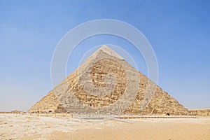 high pyramid of Chephren on the background of a blue sky with clouds, Giza, Cairo, Egypt. second pyramid. Pyramid of Khafra on a