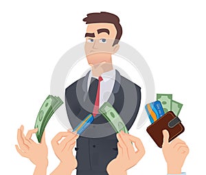 High qualification employee. Manager thinking, hands with money. Employer offers salary vector concept