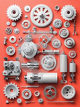 High Quality Assortment of Industrial Mechanical Parts and Engine Gears on Red Background