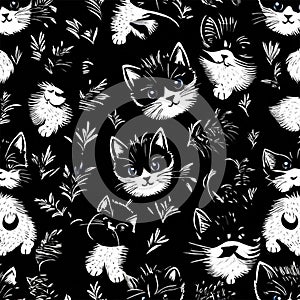 High quality black and white seamless kittens design pattern