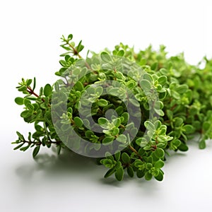 High Quality Closeup Photo Of Green Thyme Herb On White Background photo