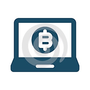 High quality dark blue flat bitcoin on laptop screen icon