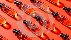 High Quality Essential Oil Ampoules Arranged on Vibrant Red Background for Health and Beauty