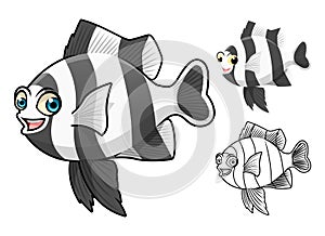 High Quality Four Stripe Damselfish Cartoon Character Include Flat Design and Line Art Version