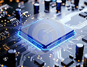 Futuristic Microchip Technology on Circuit Board, Advanced AI Processor, High Performance Semiconductor Chip