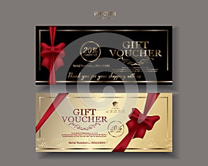 High quality gift vouchers. Made and gold colored card. Elegant red bow decoration. Spa. Mall. Hotel. Sales promotion. Illustratio