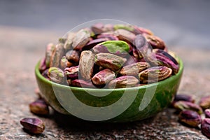 High quality green pistachio nuts growing on slopes of Mount Etna in Bronte, Sicily, Italy