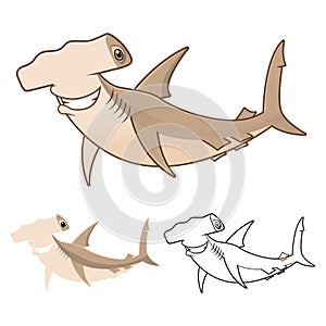 High Quality Hammerhead Shark Cartoon Character Include Flat Design and Line Art Version