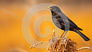 High-quality Hd Photograph Of Blackbird Perched On Brown Stem