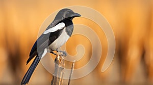 High-quality Hd Photograph Of Magpie Perched On Brown Stem