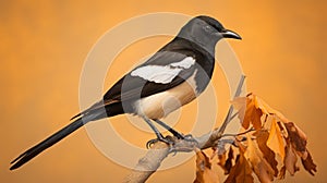 High-quality Hd Photograph Of A Perched Magpie On Brown Stem