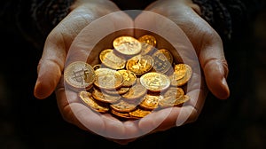 Hands Offering Bitcoins - High-Resolution Stock Image. Generative AI photo
