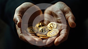 Hands Offering Bitcoins - High-Resolution Stock Image. Generative AI photo