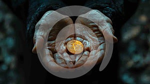 Hands Offering Bitcoins - High-Resolution Stock Image. Generative AI photo