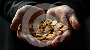 Hands Offering Bitcoins - High-Resolution Stock Image. Generative AI photo