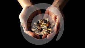 Hands Offering Bitcoins - High-Resolution Stock Image. Generative AI photo