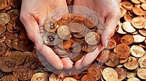 Hands Offering Bitcoins - High-Resolution Stock Image. Generative AI photo