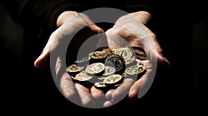 Hands Offering Bitcoins - High-Resolution Stock Image. Generative AI photo
