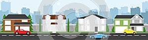 High quality horizontal background of cityscape with houses, trees, cars, road, and city silhouette. Simple 2d background for game