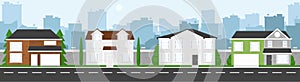 High quality horizontal background of cityscape with houses, trees, road, and city silhouette. Simple 2d background for game.