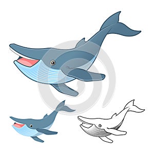 High Quality Humpback Whale Cartoon Character Include Flat Design and Line Art Version