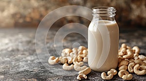 cashew milk in a glass bottle and cashew nuts, for those who enjoy nut milk a concept image of an alternative milk photo