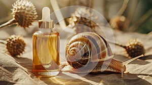a clear bottle of snail mucin essence serum alongside a live snail, promoting organic beauty treatment on a simple photo
