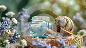 close-up shot of snail mucin cream jar and adorable snail figurine, showcasing skincare beauty concept photo