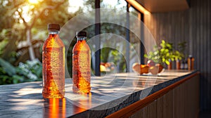 electrolyte drinks displayed on a modern counter, featuring a bold design for a revitalizing beverage concept that photo