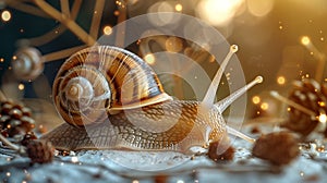 a golden snail elegantly moving beside a jar of snail mucin cream, showcasing natural skincare in a close-up image photo