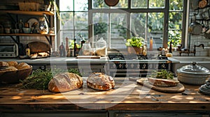 homemade bread production symbolized by freshly baked bread in a rustic kitchen with wooden countertops and a vintage photo