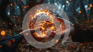 Image of crystal ball connecting two minds, visualizing telepathic communication concept with brain waves, powerful photo