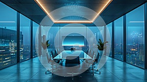 modern conference room with digital whiteboard and stylish chairs, represents innovative work environment photo