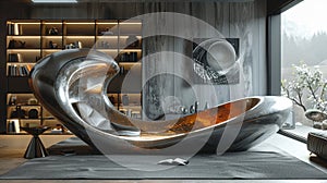 modern living concepts are embodied in futuristic interior designs featuring metallic furniture and interactive photo