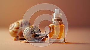 organic beauty concept snail mucin essence serum in clear bottle next to live snail, on a clean background photo