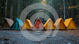 row of colorful tents in the forest evokes the summer camp atmosphere photo
