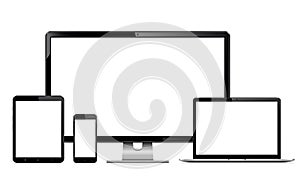 High quality illustration set of modern technology devices - computer monitor, laptop, digital tablet and mobile phone with blank