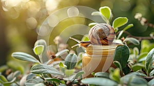 a snail crawling towards snail mucin cream next to green leaves, a skincare concept banner illustration photo