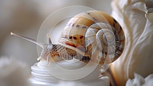 a snail gliding on a container of snail mucin cream, demonstrating beauty benefits, against a white backdrop photo